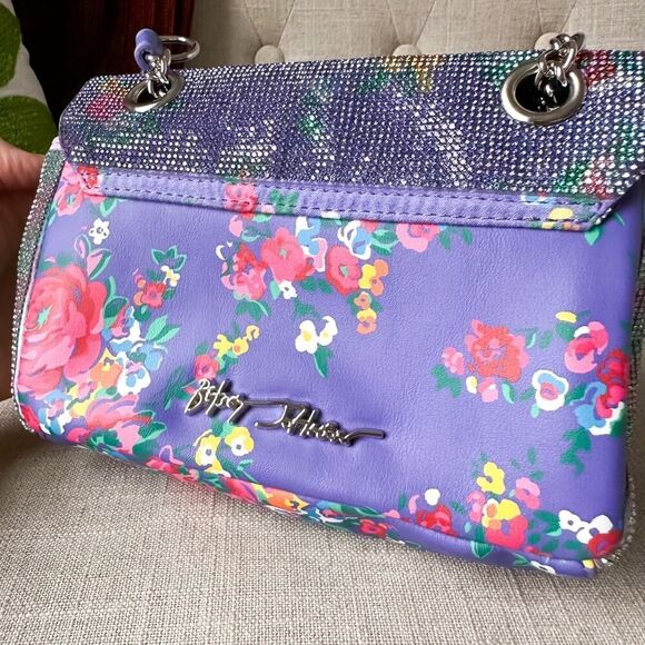 Betsey Johnson Rhinestone Convertible Periwinkle Floral Crossbody Handbag - Picture 5 of 12